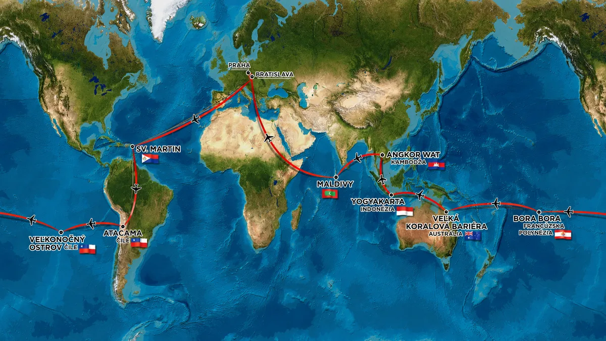 Mapa trasy Cesty okolo sveta 2026: Praha a Bratislava, Sv. Martin, Veľkonočný ostrov, Atacama, Bora Bora, Veľká koralová bariéra, Yogyakarta, Angkor Wat a Maldivy
